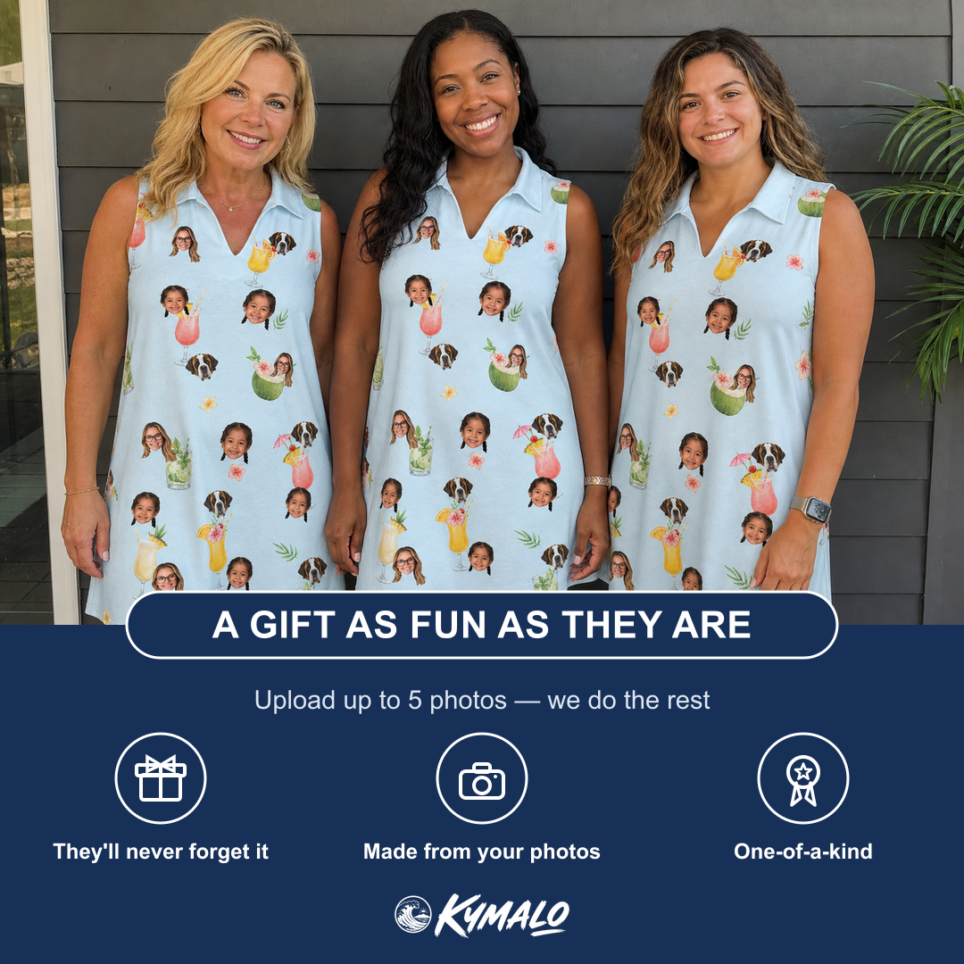 Friends in matching Women's Mai Tai Memories Custom Face V-Neck Dress — a group gift photo