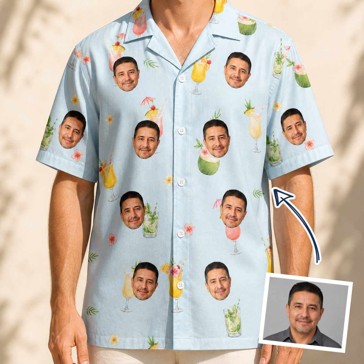 Man wearing Men's Mai Tai Memories Custom Face Hawaiian Shirt — custom faces printed all-over
