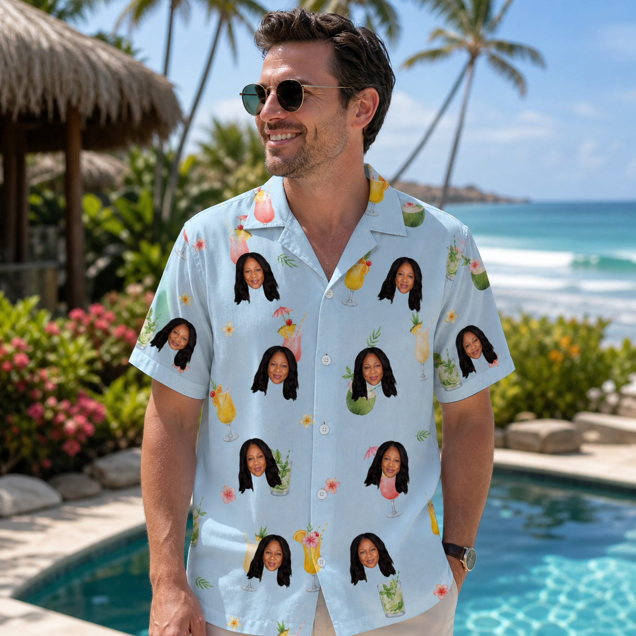 Real-life photo of someone wearing Men's Mai Tai Memories Custom Face Hawaiian Shirt — custom faces printed all-over