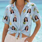 Woman wearing Women's Mai Tai Memories Custom Face Hawaiian Shirt tied at the waist