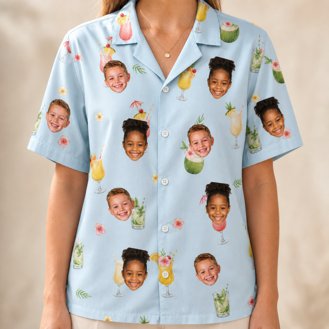 Model wearing Women's Mai Tai Memories Custom Face Hawaiian Shirt printed with kids' faces