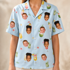 Model wearing Women's Mai Tai Memories Custom Face Hawaiian Shirt printed with kids' faces