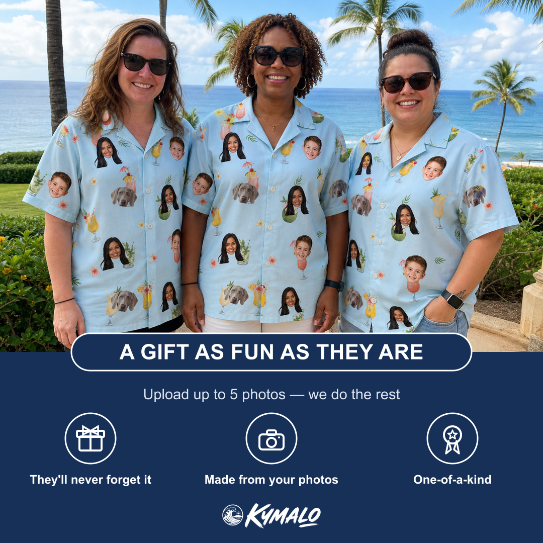 Friends in matching Women's Mai Tai Memories Custom Face Hawaiian Shirt — a group gift photo