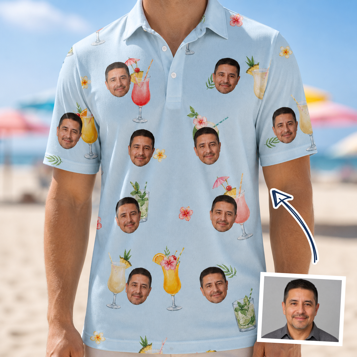 Man wearing Men's Mai Tai Memories Custom Face Polo Shirt — custom faces printed all-over