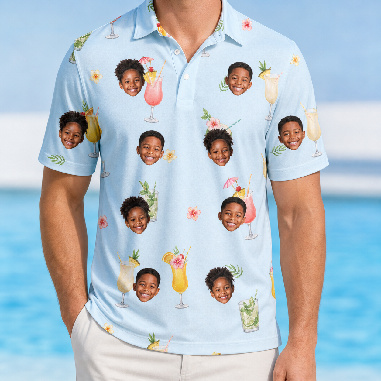 Model wearing Men's Mai Tai Memories Custom Face Polo Shirt printed with kids' faces