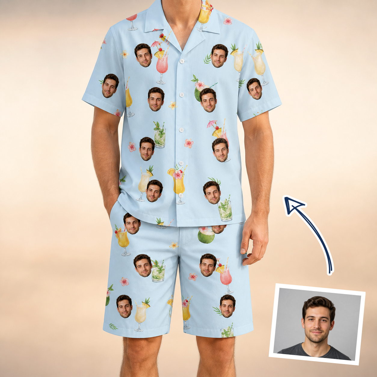 Man wearing Men's Mai Tai Memories Custom Face Shirt & Shorts Set — custom faces printed all-over