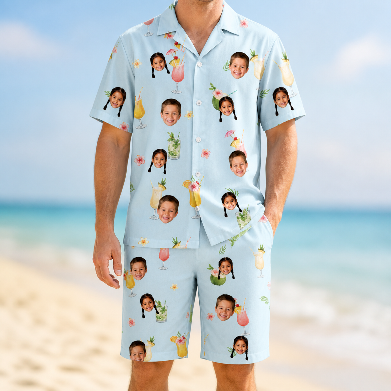Model wearing Men's Mai Tai Memories Custom Face Shirt & Shorts Set printed with kids' faces