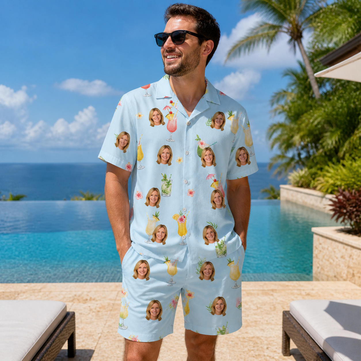 Real-life photo of someone wearing Men's Mai Tai Memories Custom Face Shirt & Shorts Set — custom faces printed all-over