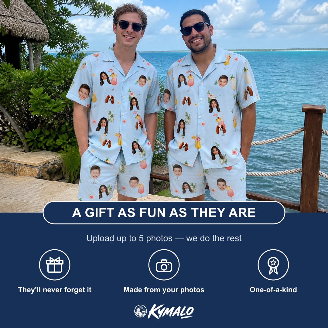 Friends in matching Men's Mai Tai Memories Custom Face Shirt & Shorts Set — a group gift photo