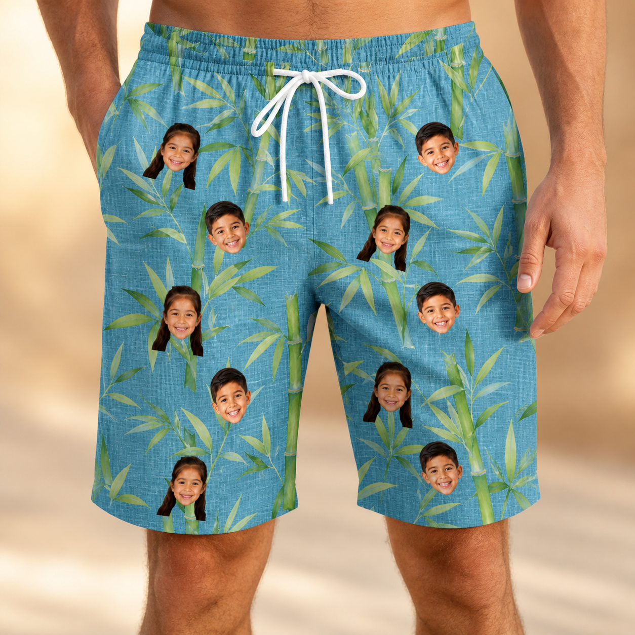 Model wearing Men's Cane Cabaret Custom Face Beach Shorts printed with kids' faces