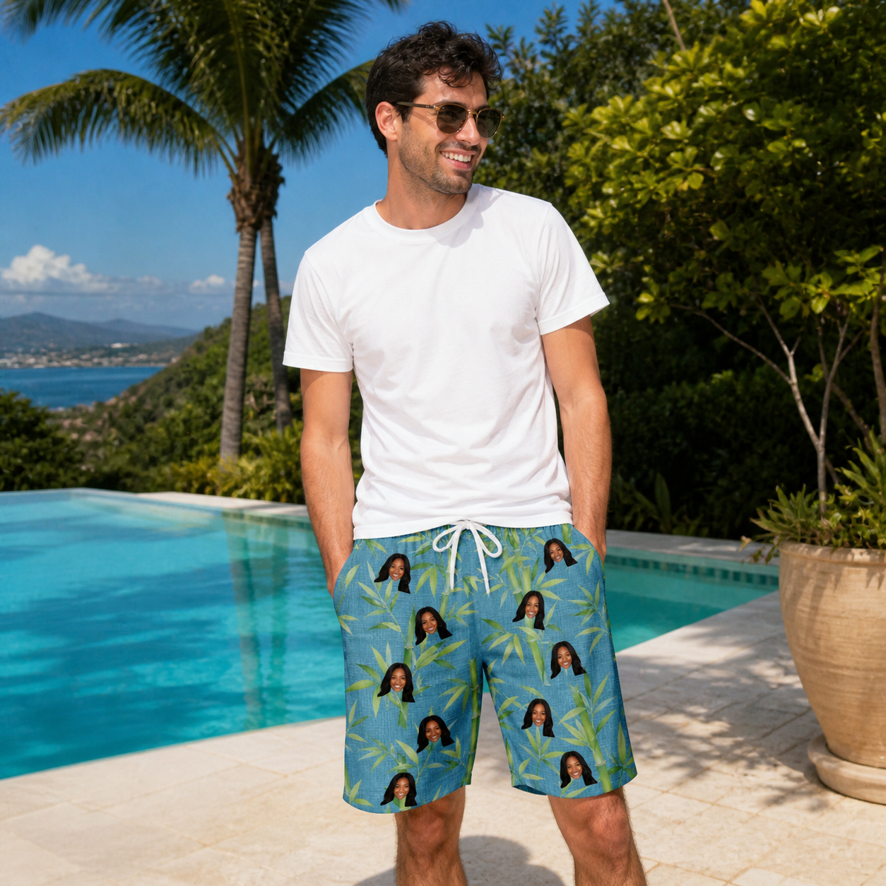 Real-life photo of someone wearing Men's Cane Cabaret Custom Face Beach Shorts — custom faces printed all-over