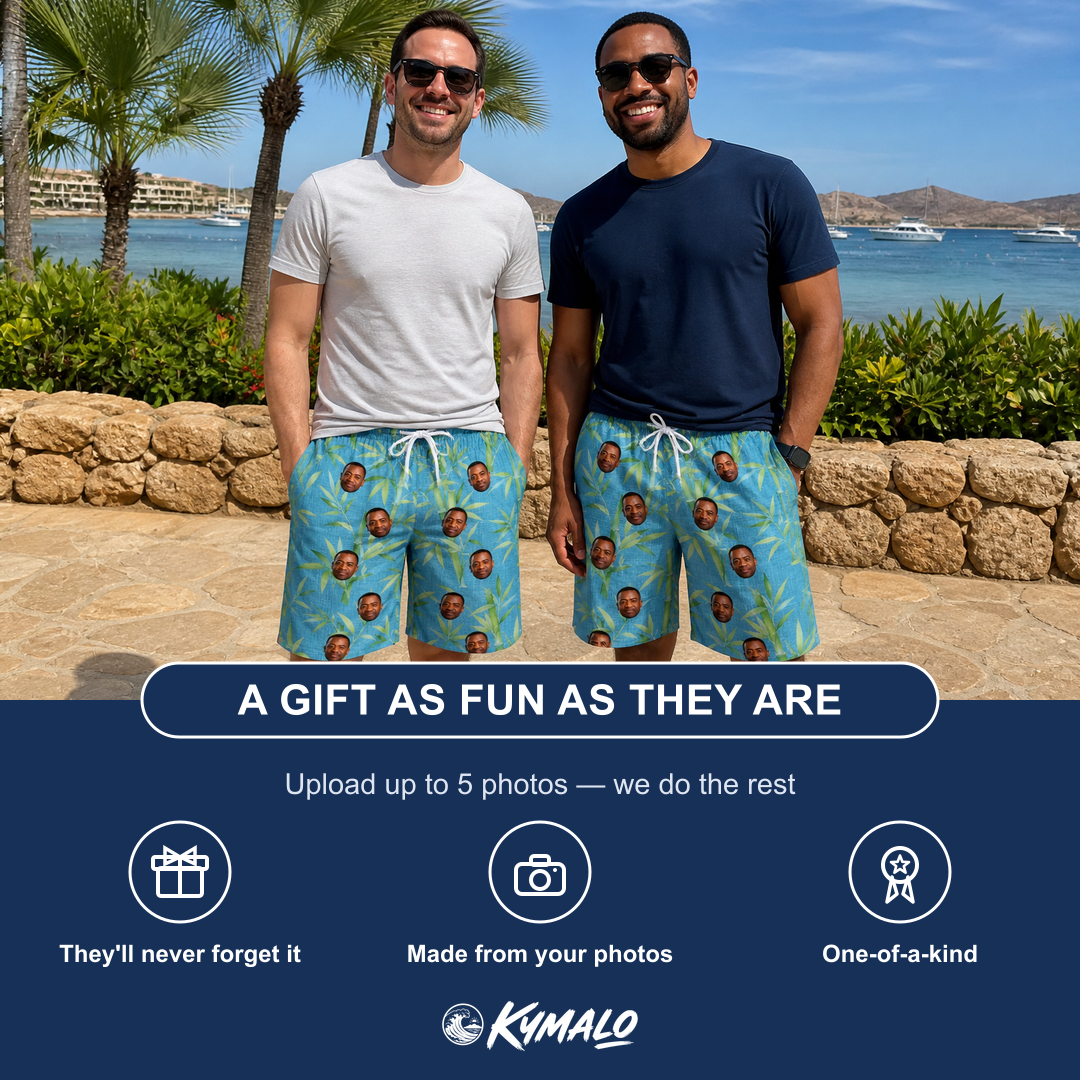 Friends in matching Men's Cane Cabaret Custom Face Beach Shorts — a group gift photo