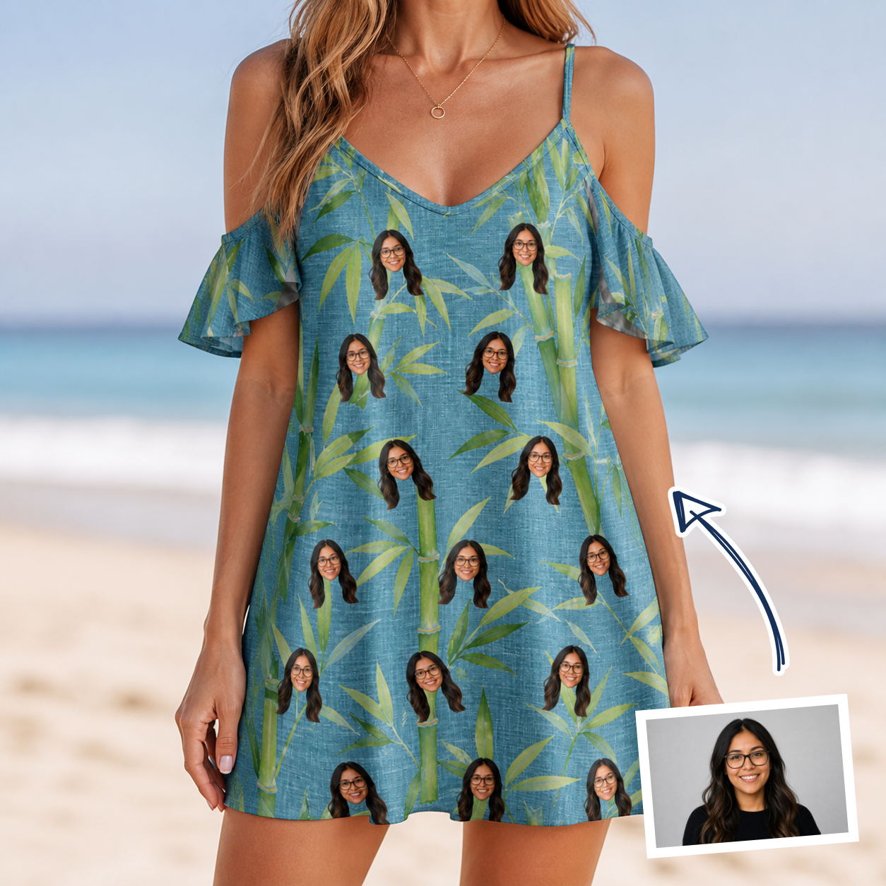Woman wearing Women's Cane Cabaret Custom Face Off-Shoulder Dress — custom faces printed all-over