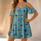 Model wearing Women's Cane Cabaret Custom Face Off-Shoulder Dress printed with kids' faces