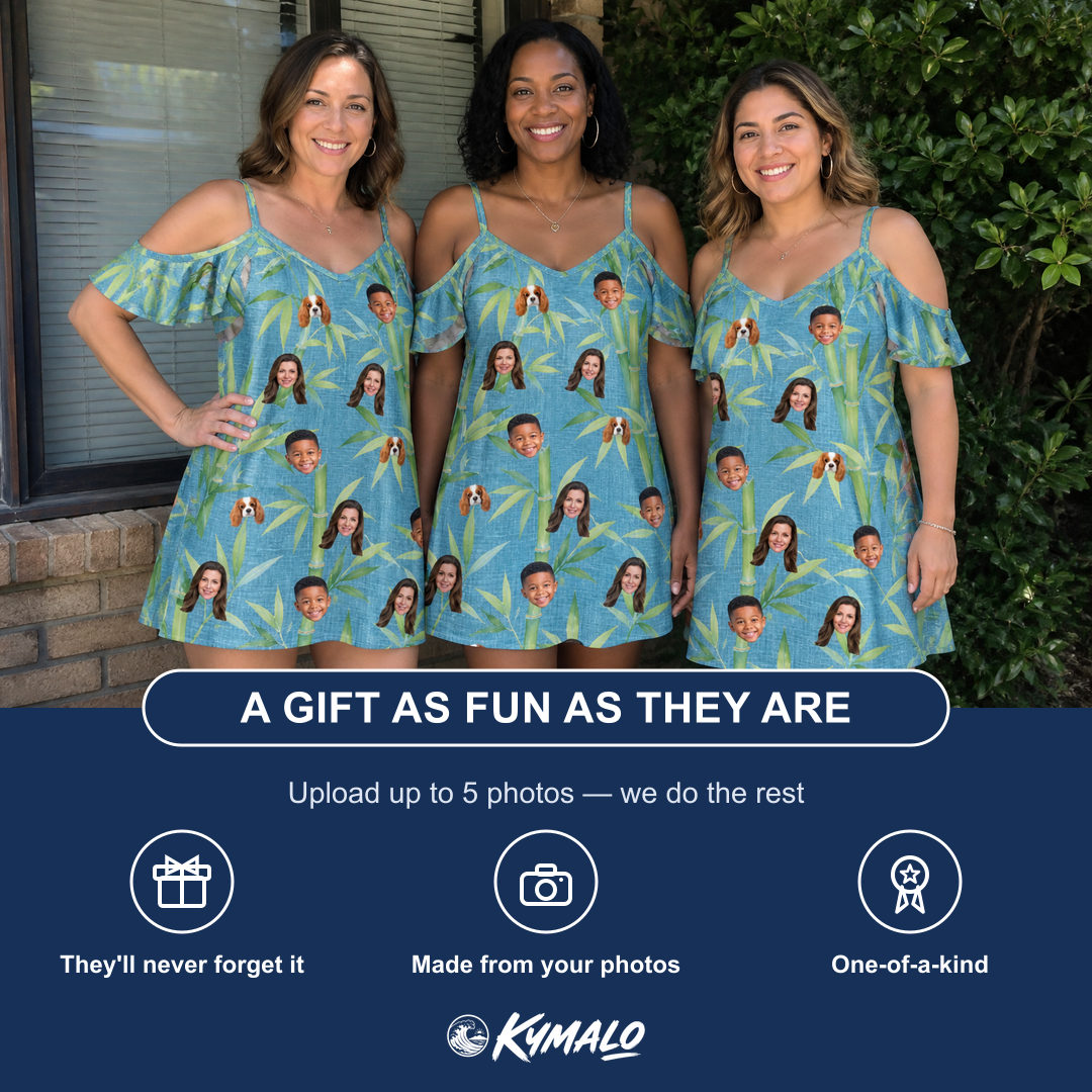 Friends in matching Women's Cane Cabaret Custom Face Off-Shoulder Dress — a group gift photo