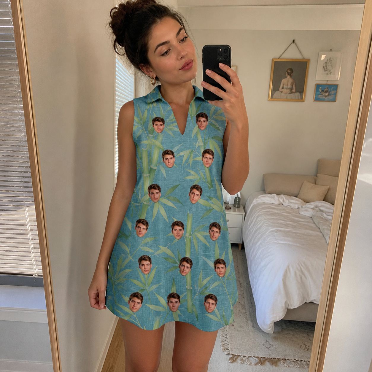 Real-life photo of someone wearing Women's Cane Cabaret Custom Face V-Neck Dress — custom faces printed all-over
