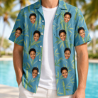 Man wearing Men's Cane Cabaret Custom Face Hawaiian Shirt open over a white tee