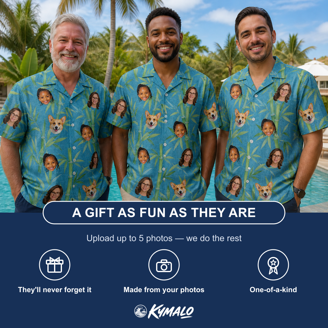 Friends in matching Men's Cane Cabaret Custom Face Hawaiian Shirt — a group gift photo