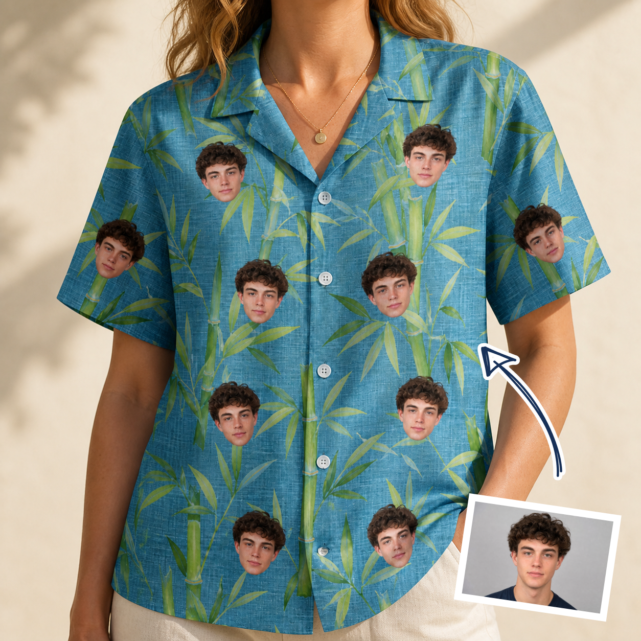 Woman wearing Women's Cane Cabaret Custom Face Hawaiian Shirt — custom faces printed all-over