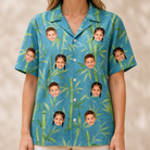 Model wearing Women's Cane Cabaret Custom Face Hawaiian Shirt printed with kids' faces