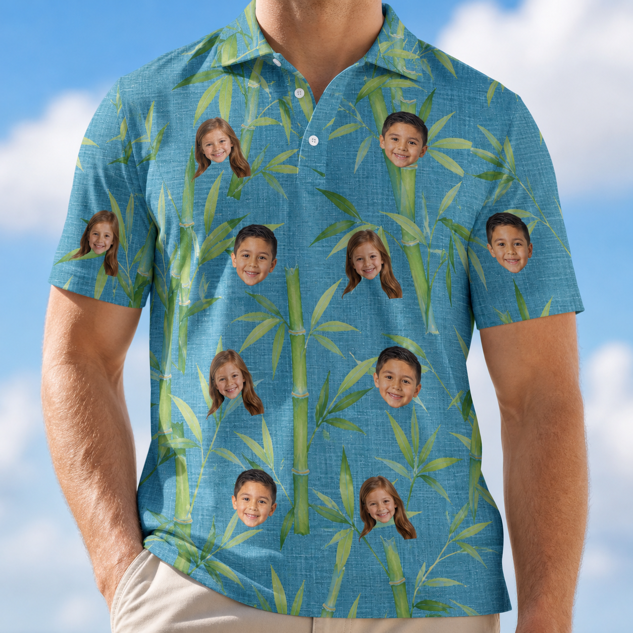 Model wearing Men's Cane Cabaret Custom Face Polo Shirt printed with kids' faces