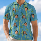 Model wearing Men's Cane Cabaret Custom Face Polo Shirt printed with kids' faces