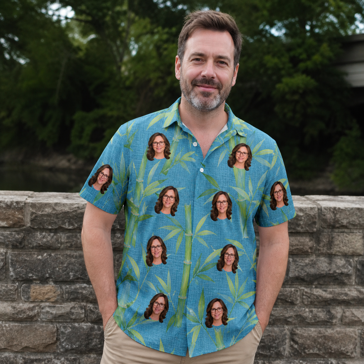 Real-life photo of someone wearing Men's Cane Cabaret Custom Face Polo Shirt — custom faces printed all-over