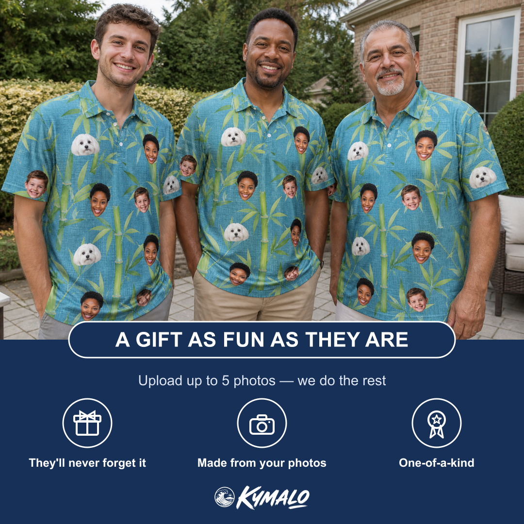 Friends in matching Men's Cane Cabaret Custom Face Polo Shirt — a group gift photo
