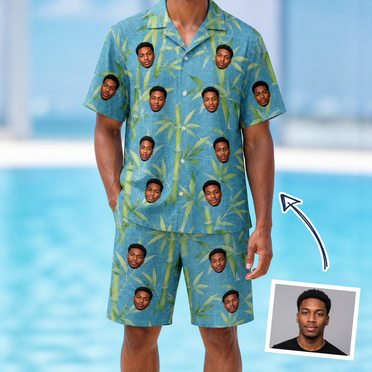 Man wearing Men's Cane Cabaret Custom Face Shirt & Shorts Set — custom faces printed all-over