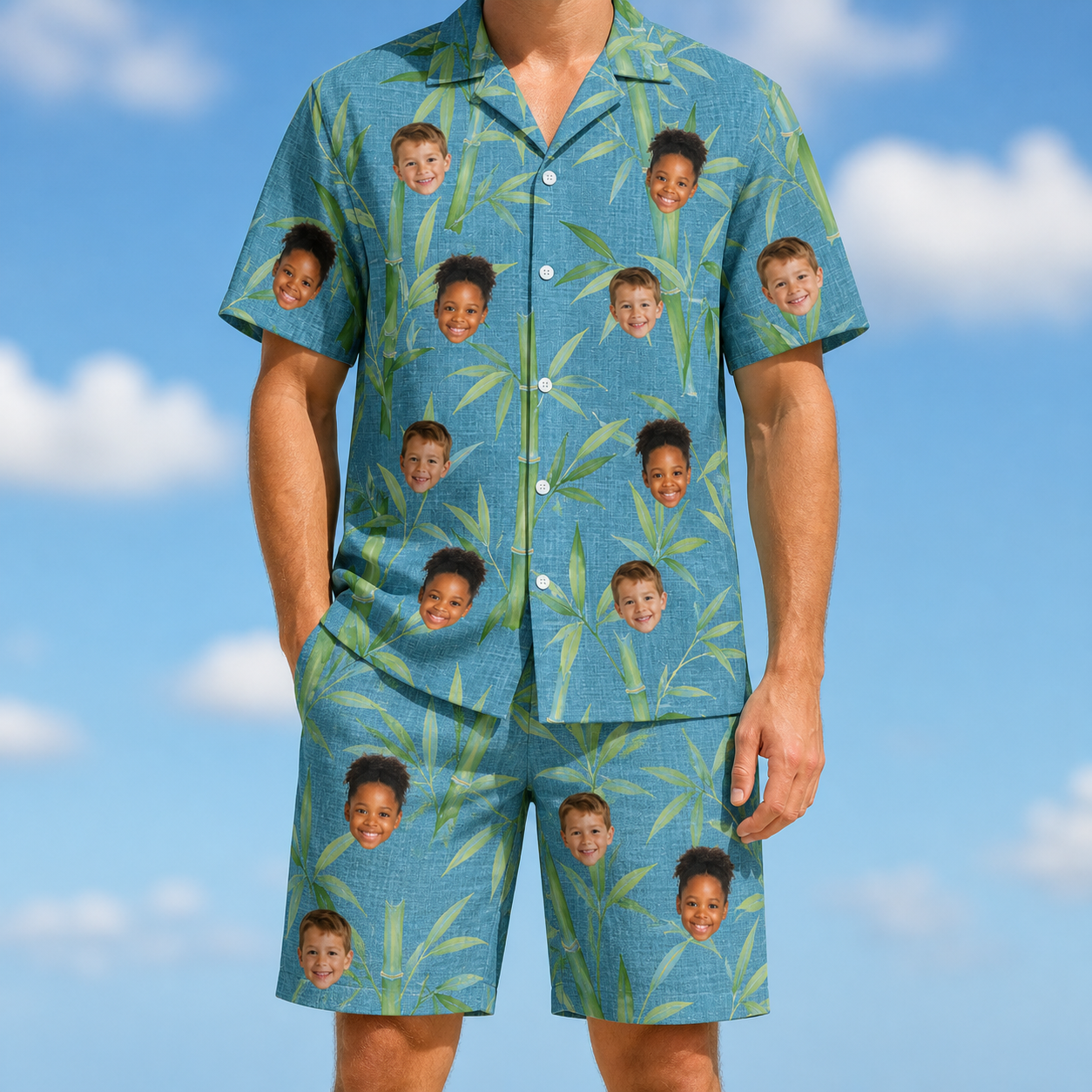 Model wearing Men's Cane Cabaret Custom Face Shirt & Shorts Set printed with kids' faces