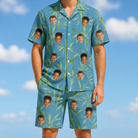 Model wearing Men's Cane Cabaret Custom Face Shirt & Shorts Set printed with kids' faces