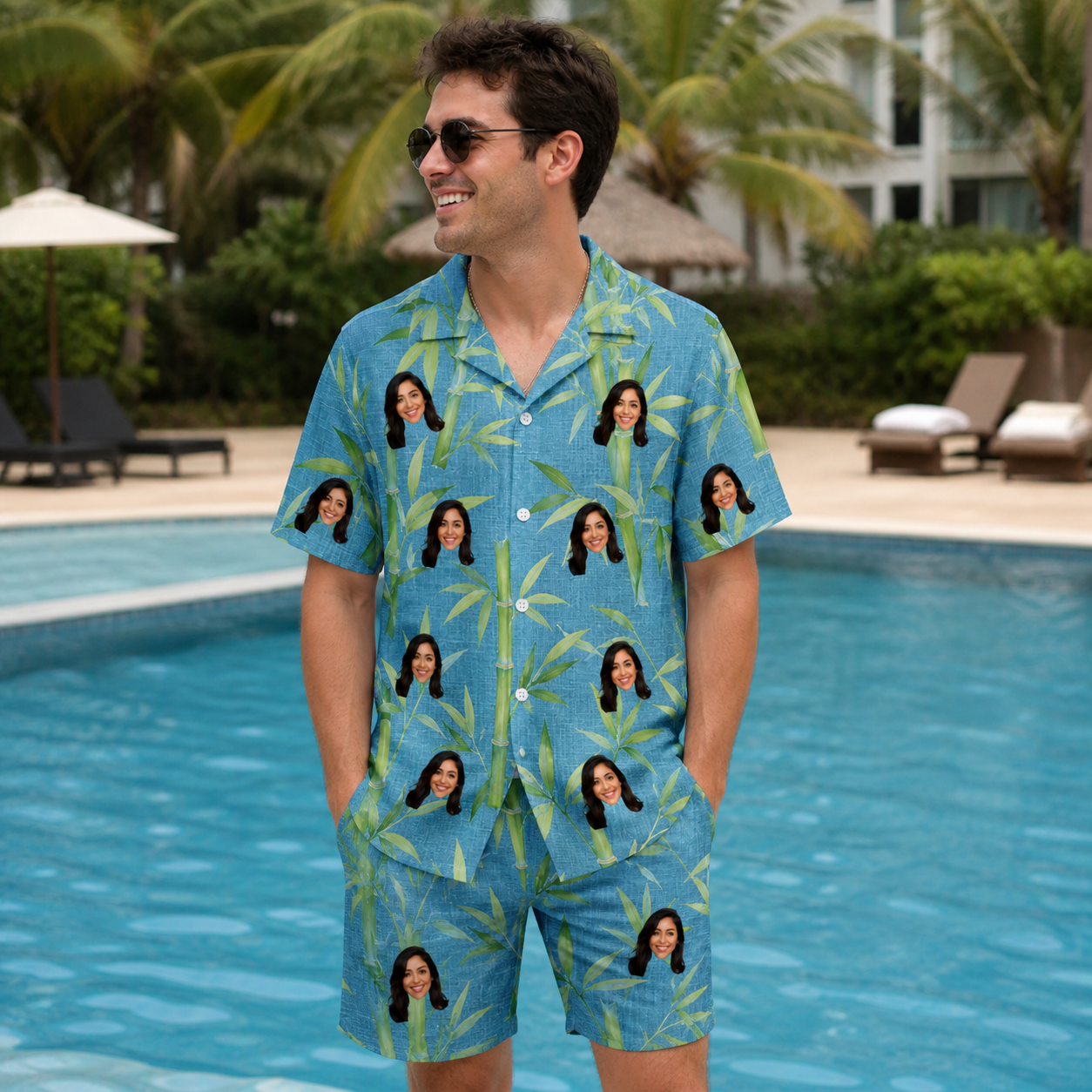 Real-life photo of someone wearing Men's Cane Cabaret Custom Face Shirt & Shorts Set — custom faces printed all-over
