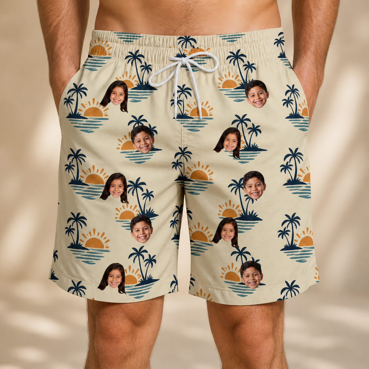 Model wearing Men's Vinyl Vista Custom Face Beach Shorts printed with kids' faces