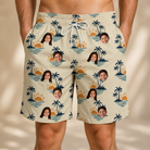 Model wearing Men's Vinyl Vista Custom Face Beach Shorts printed with kids' faces