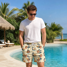 Real-life photo of someone wearing Men's Vinyl Vista Custom Face Beach Shorts — custom faces printed all-over