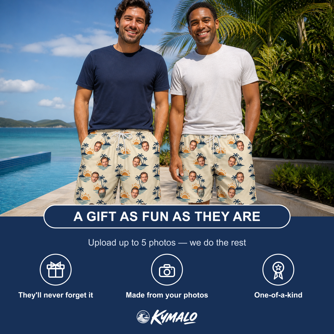 Friends in matching Men's Vinyl Vista Custom Face Beach Shorts — a group gift photo