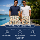 Friends in matching Men's Vinyl Vista Custom Face Beach Shorts — a group gift photo