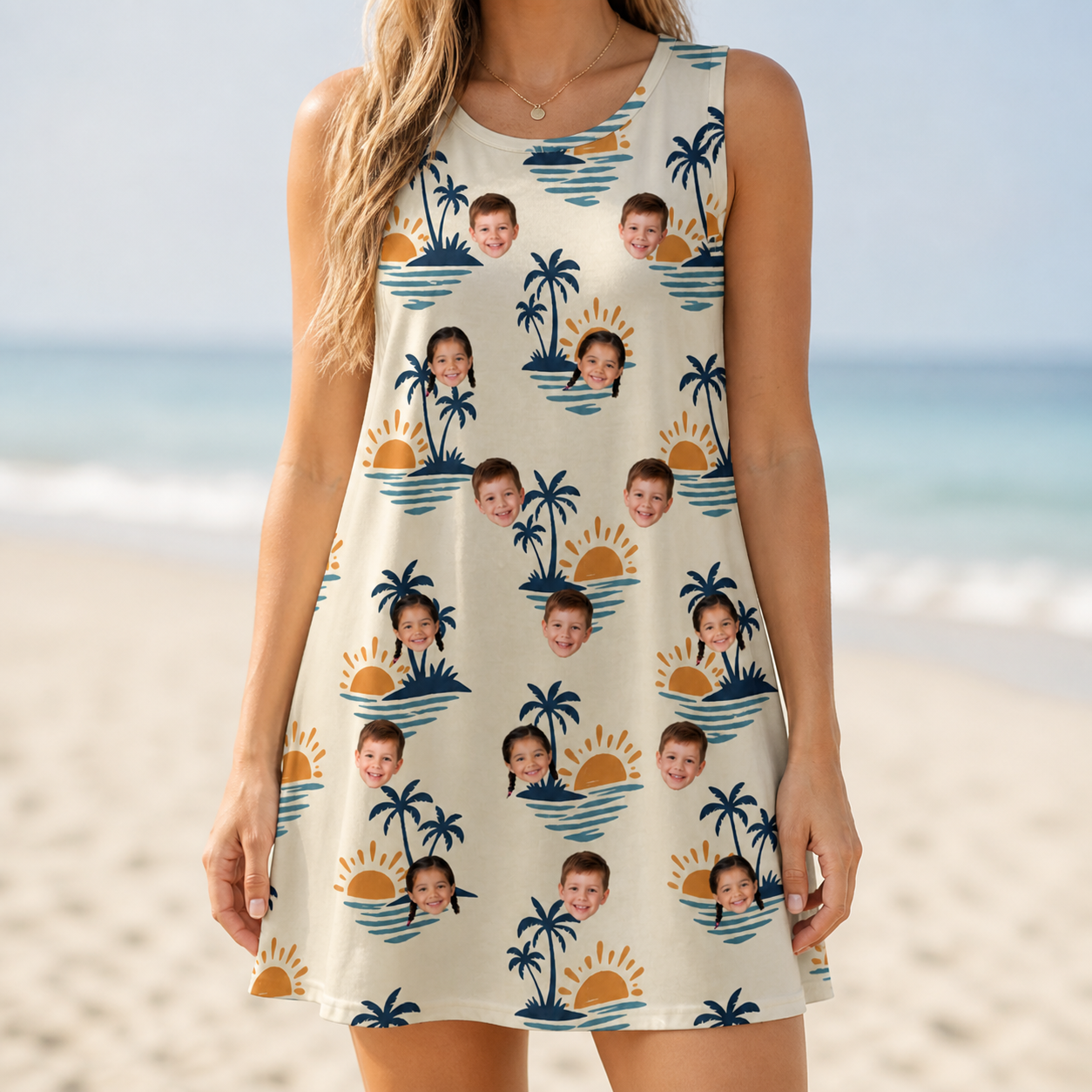 Model wearing Women's Vinyl Vista Custom Face Tank Dress printed with kids' faces