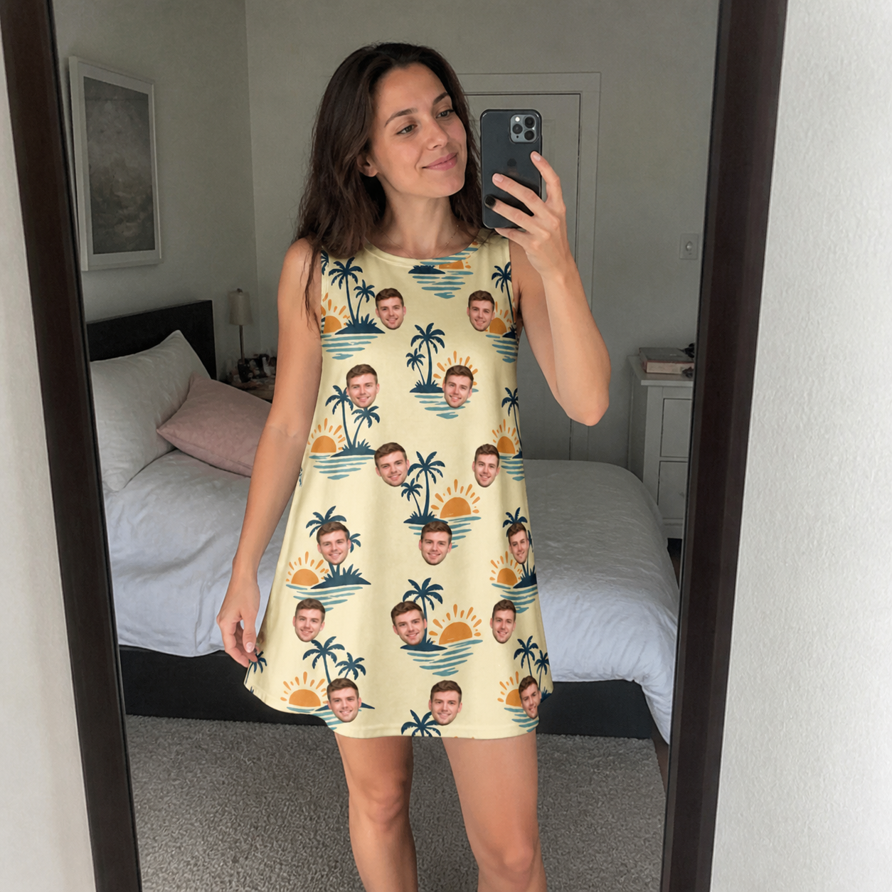 Real-life photo of someone wearing Women's Vinyl Vista Custom Face Tank Dress — custom faces printed all-over