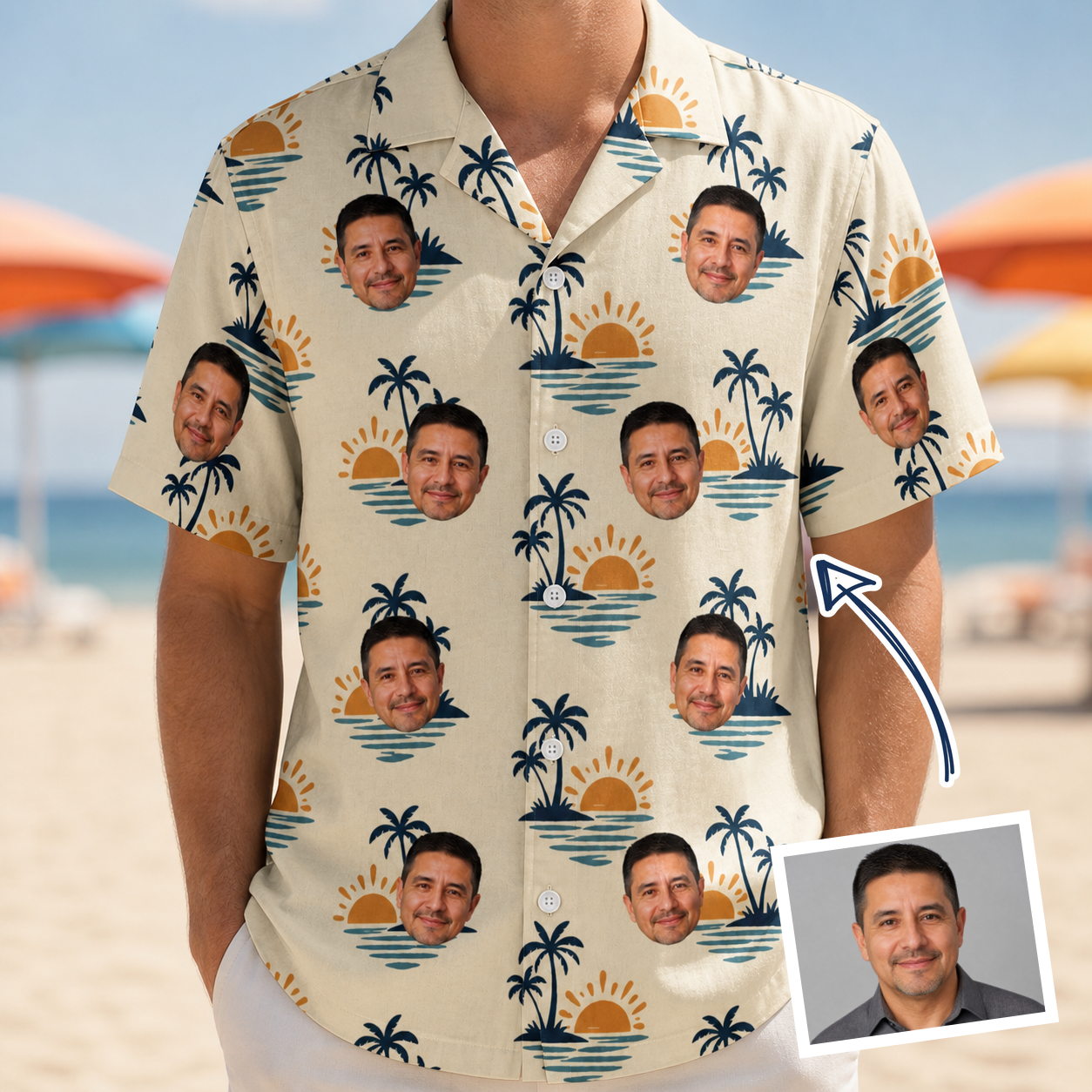 Man wearing Men's Vinyl Vista Custom Face Hawaiian Shirt — custom faces printed all-over