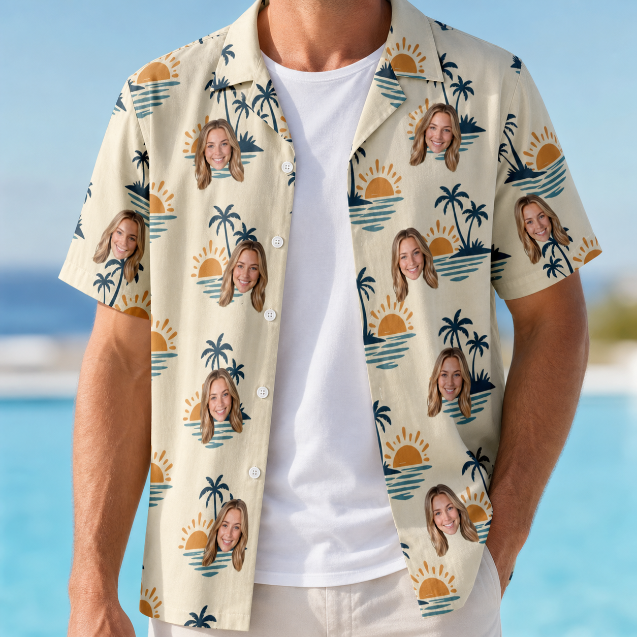 Man wearing Men's Vinyl Vista Custom Face Hawaiian Shirt open over a white tee