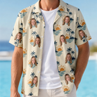Man wearing Men's Vinyl Vista Custom Face Hawaiian Shirt open over a white tee