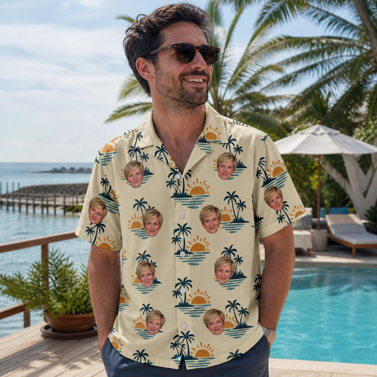 Real-life photo of someone wearing Men's Vinyl Vista Custom Face Hawaiian Shirt — custom faces printed all-over