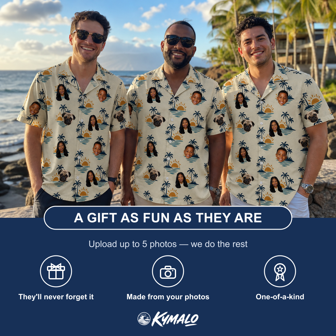 Friends in matching Men's Vinyl Vista Custom Face Hawaiian Shirt — a group gift photo