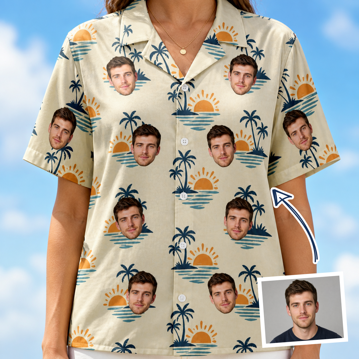 Woman wearing Women's Vinyl Vista Custom Face Hawaiian Shirt — custom faces printed all-over
