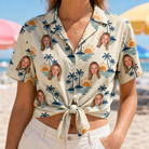 Woman wearing Women's Vinyl Vista Custom Face Hawaiian Shirt tied at the waist