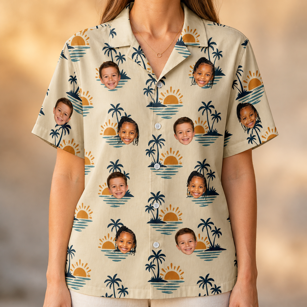 Model wearing Women's Vinyl Vista Custom Face Hawaiian Shirt printed with kids' faces