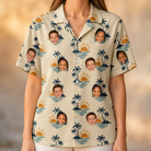 Model wearing Women's Vinyl Vista Custom Face Hawaiian Shirt printed with kids' faces