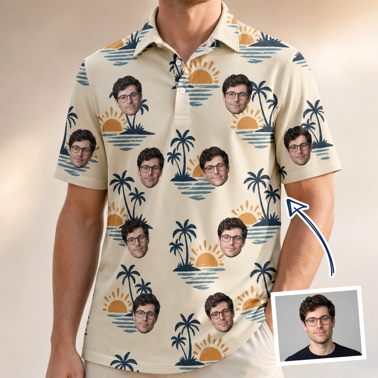 Man wearing Men's Vinyl Vista Custom Face Polo Shirt — custom faces printed all-over
