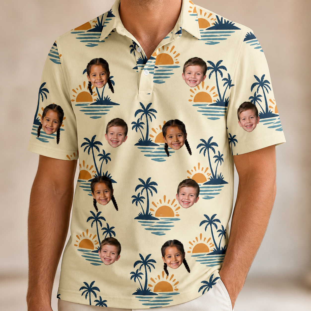 Model wearing Men's Vinyl Vista Custom Face Polo Shirt printed with kids' faces